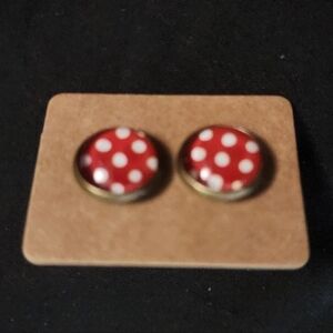 Brand New, Retro, Red with White Polka Dot Stud Earrings